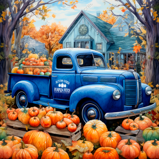 a painting of a blue truck surrounded by pumpkins