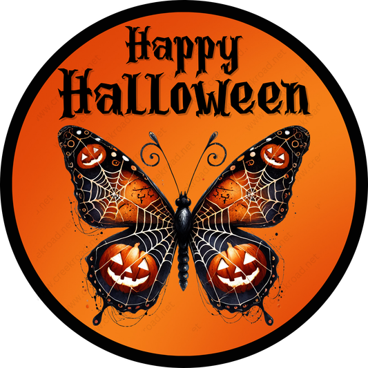 a happy halloween sign with a butterfly on it