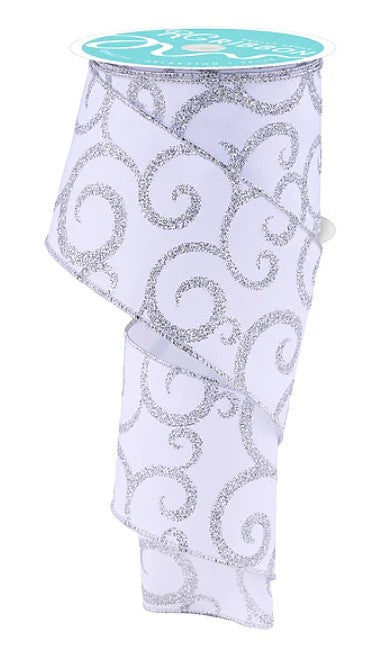 a silver and white spiral-patterned ribbon.