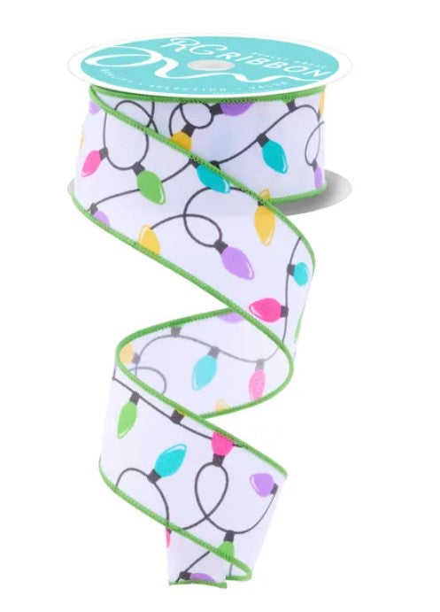 A spiral-shaped ribbon with a pattern of colorful lights, including green, pink, blue, and yellow lights, against a white background.