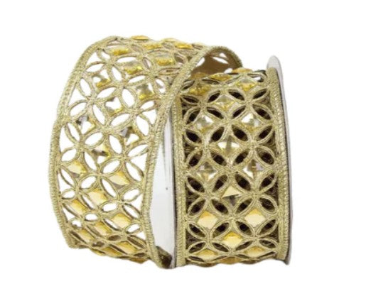 a gold-colored decorative ribbon with a floral pattern.