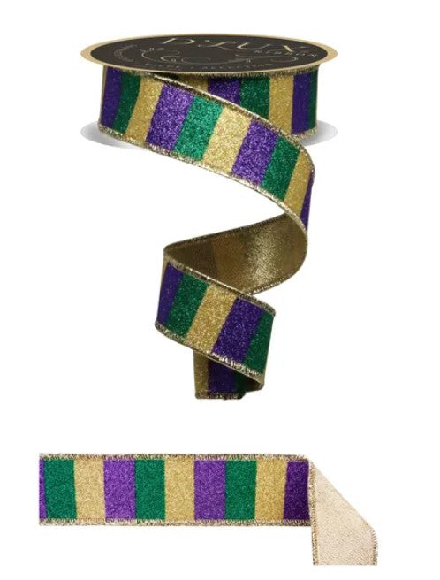 a decorative ribbon with a spiral pattern in shades of purple, green, and gold.