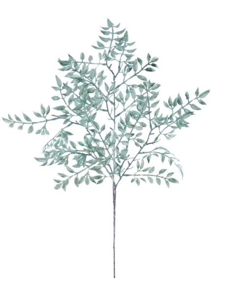 A stylized tree branch with green leaves, depicted in a minimalist and abstract manner.
