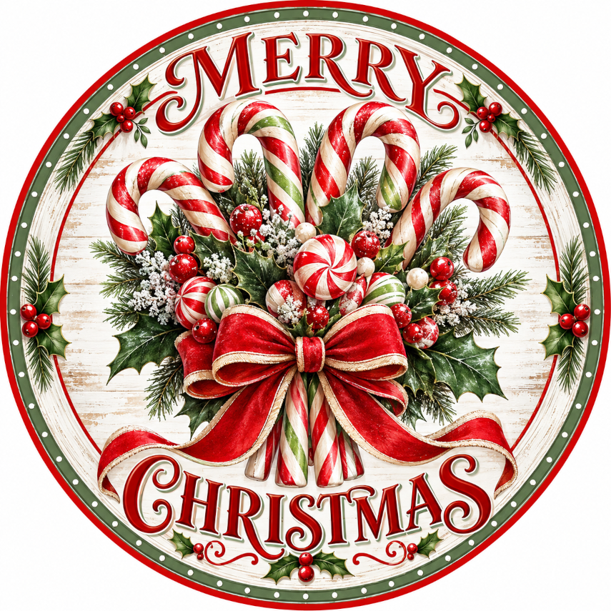 A festive Christmas-themed image featuring a circular arrangement of candy canes, red and white striped balls, and red and white striped ribbons, all set against a backdrop of greenery and berries. The text "MERRY CHRISTMAS" is prominently displayed in the center of the image.