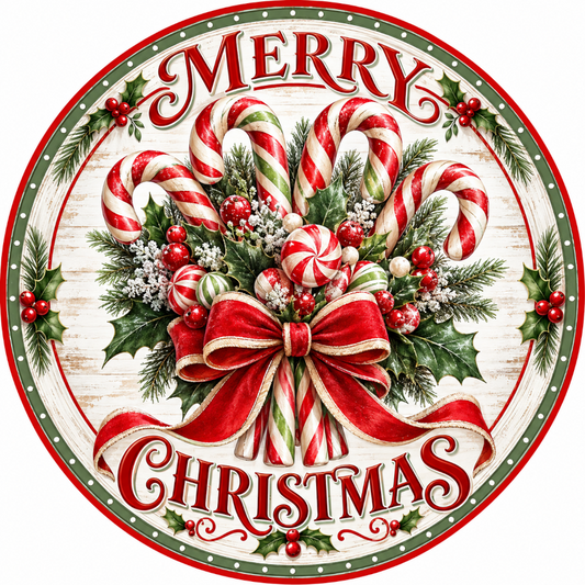 A festive Christmas-themed image featuring a circular arrangement of candy canes, red and white striped balls, and red and white striped ribbons, all set against a backdrop of greenery and berries. The text "MERRY CHRISTMAS" is prominently displayed in the center of the image.