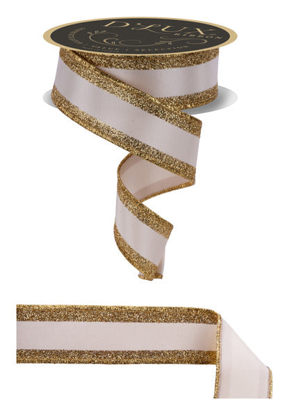 A decorative ribbon with a gold and white glittery trim.