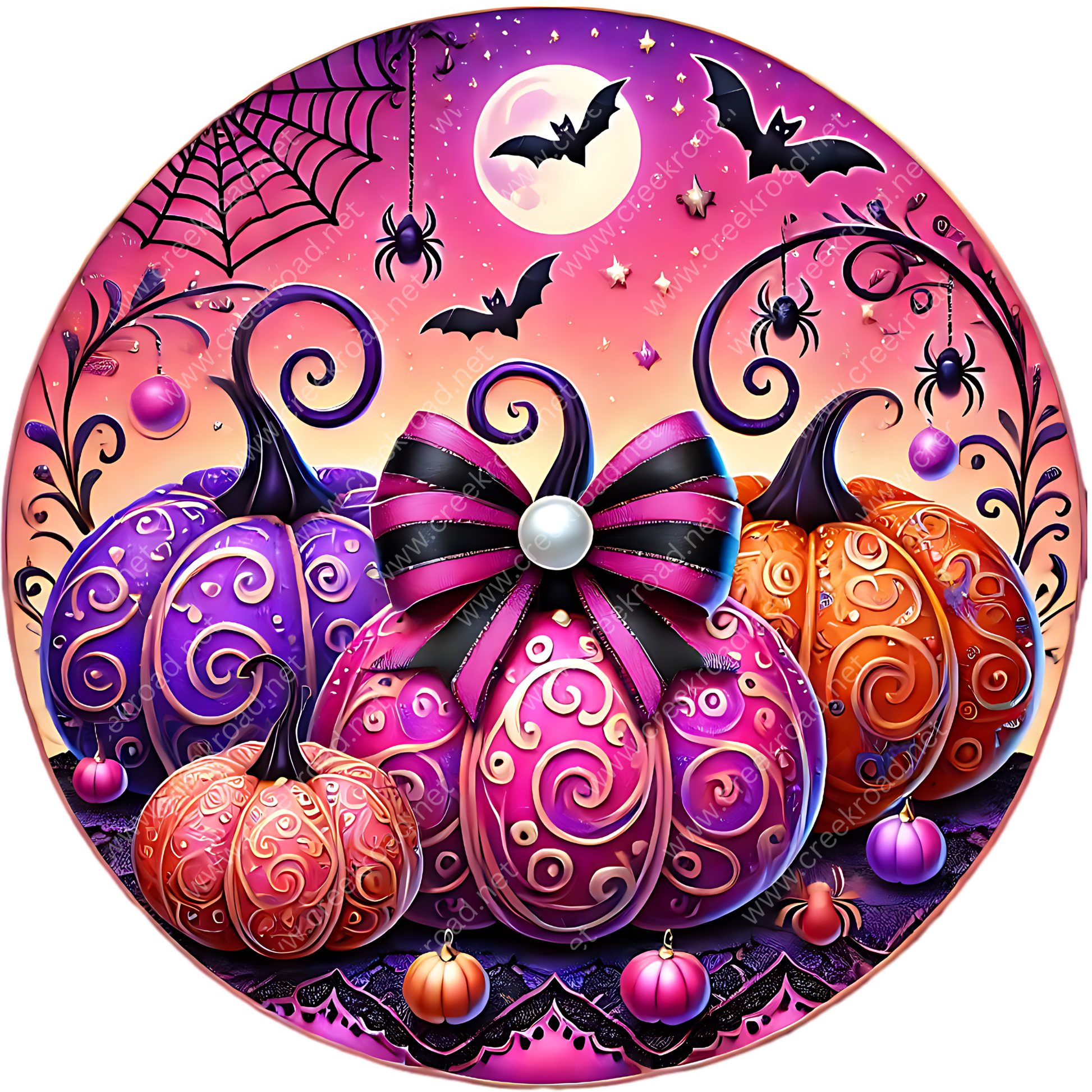 A vibrant and whimsical Halloween-themed illustration featuring a full moon, bats, a spider web, pumpkins, and a bow.
