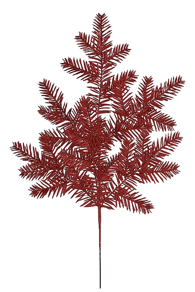 A red, fake Christmas tree ornament with a spiky, needle-like appearance.