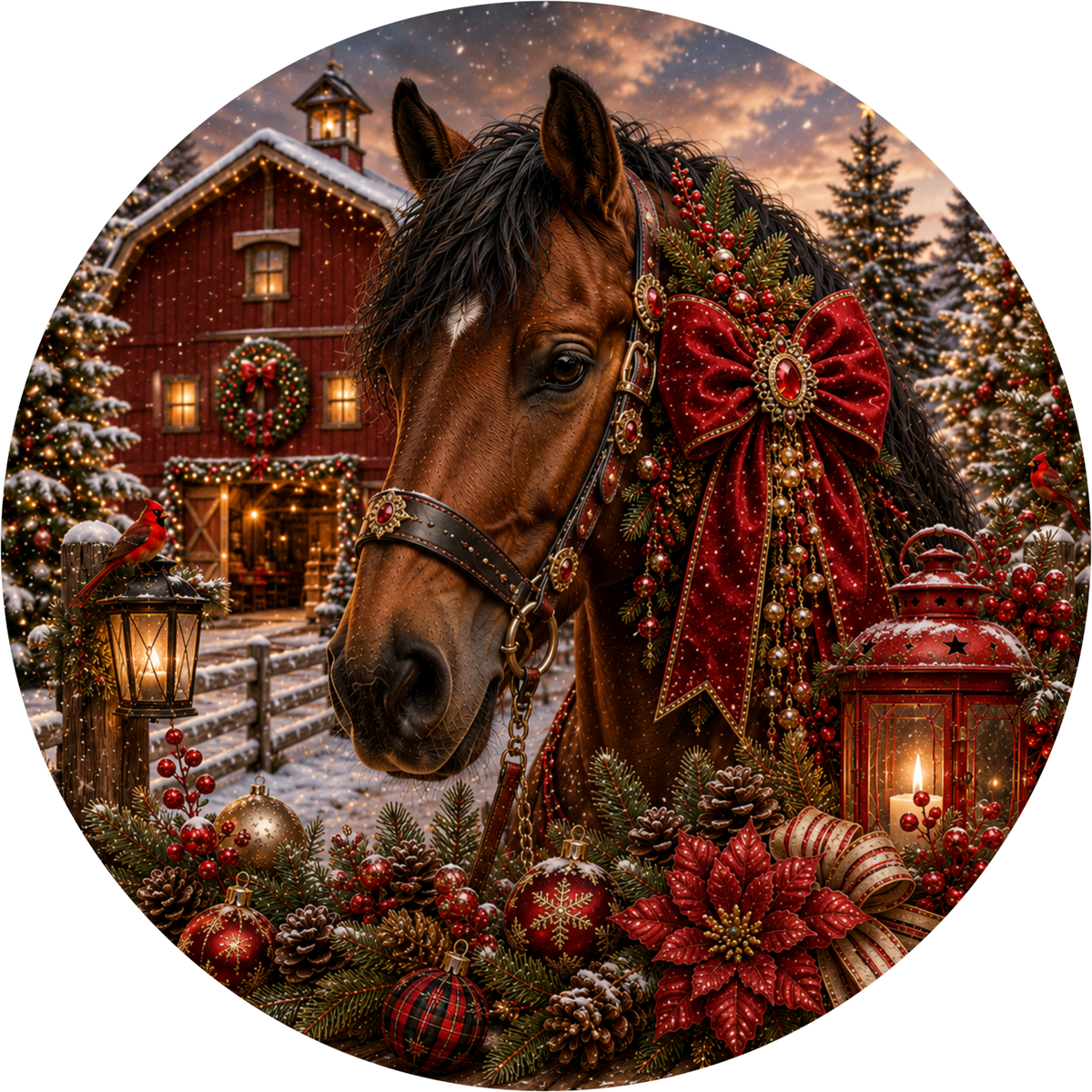 A majestic brown horse adorned with a red bow stands in a snowy landscape, surrounded by Christmas decorations and lights.