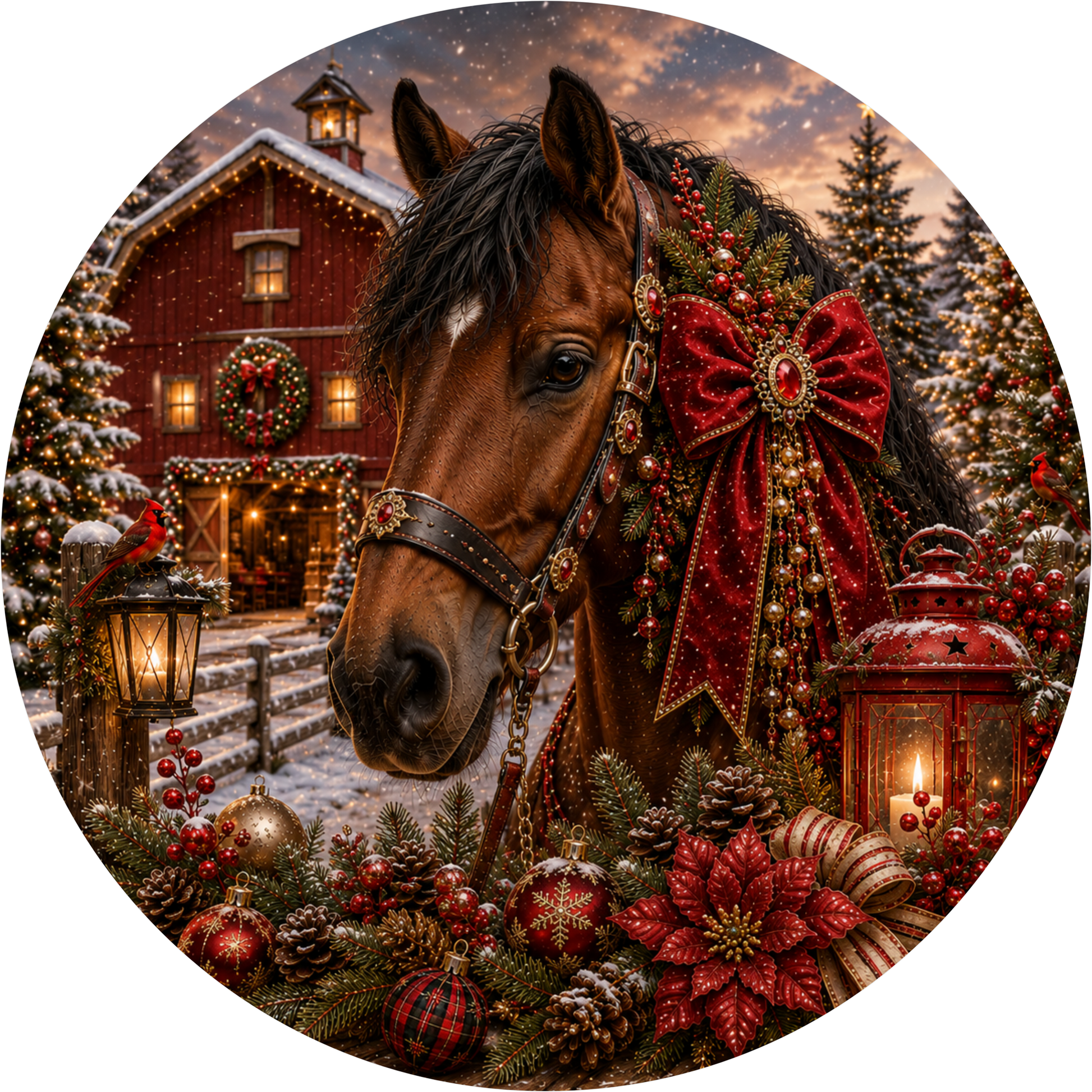 A majestic brown horse adorned with a red bow stands in a snowy landscape, surrounded by Christmas decorations and lights.