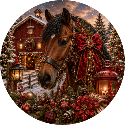 A majestic brown horse adorned with a red bow stands in a snowy landscape, surrounded by Christmas decorations and lights.