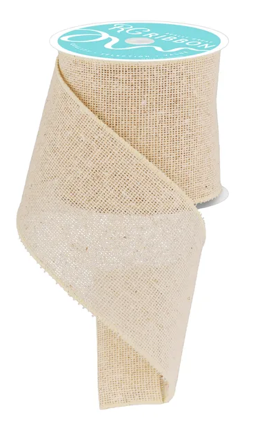 a roll of burlap ribbon with a label on it.