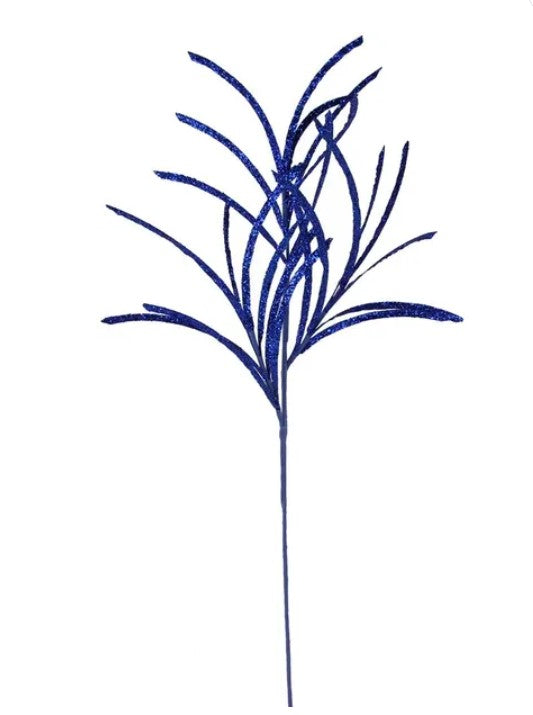 A blue, glittery, and wavy-shaped ornament resembling a stylized plant or flower.