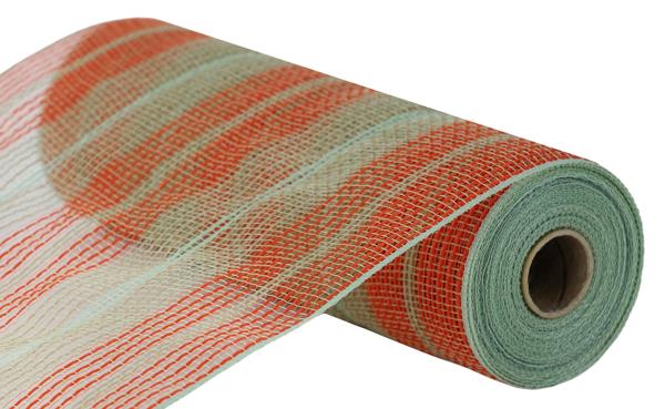 a roll of orange and white striped fabric