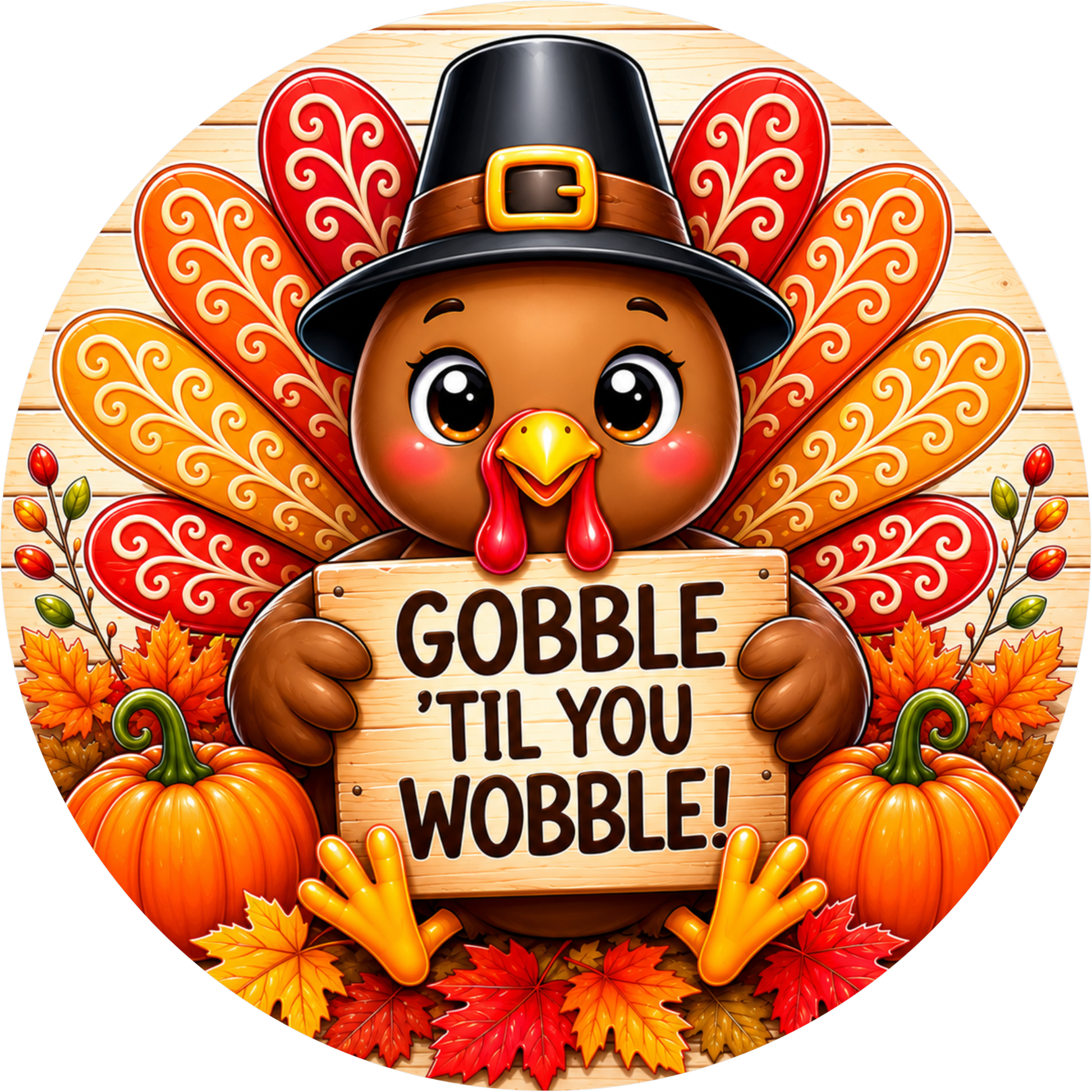 A cheerful cartoon turkey holding a sign that says "GOBBLE 'TIL YOU WOBBLE!" surrounded by autumn leaves, pumpkins, and a wooden background.