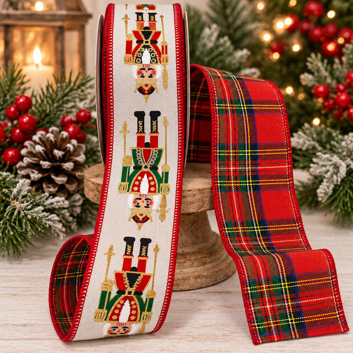A Christmas-themed ribbon with nutcracker figures on it, placed on a wooden surface with pine branches and red berries in the background.