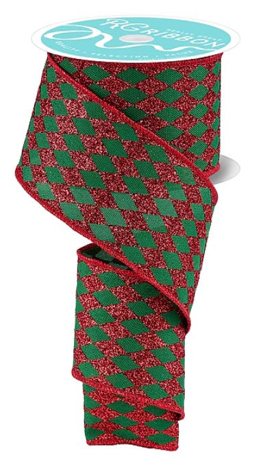 a roll of Christmas ribbon with a red and green diamond pattern.