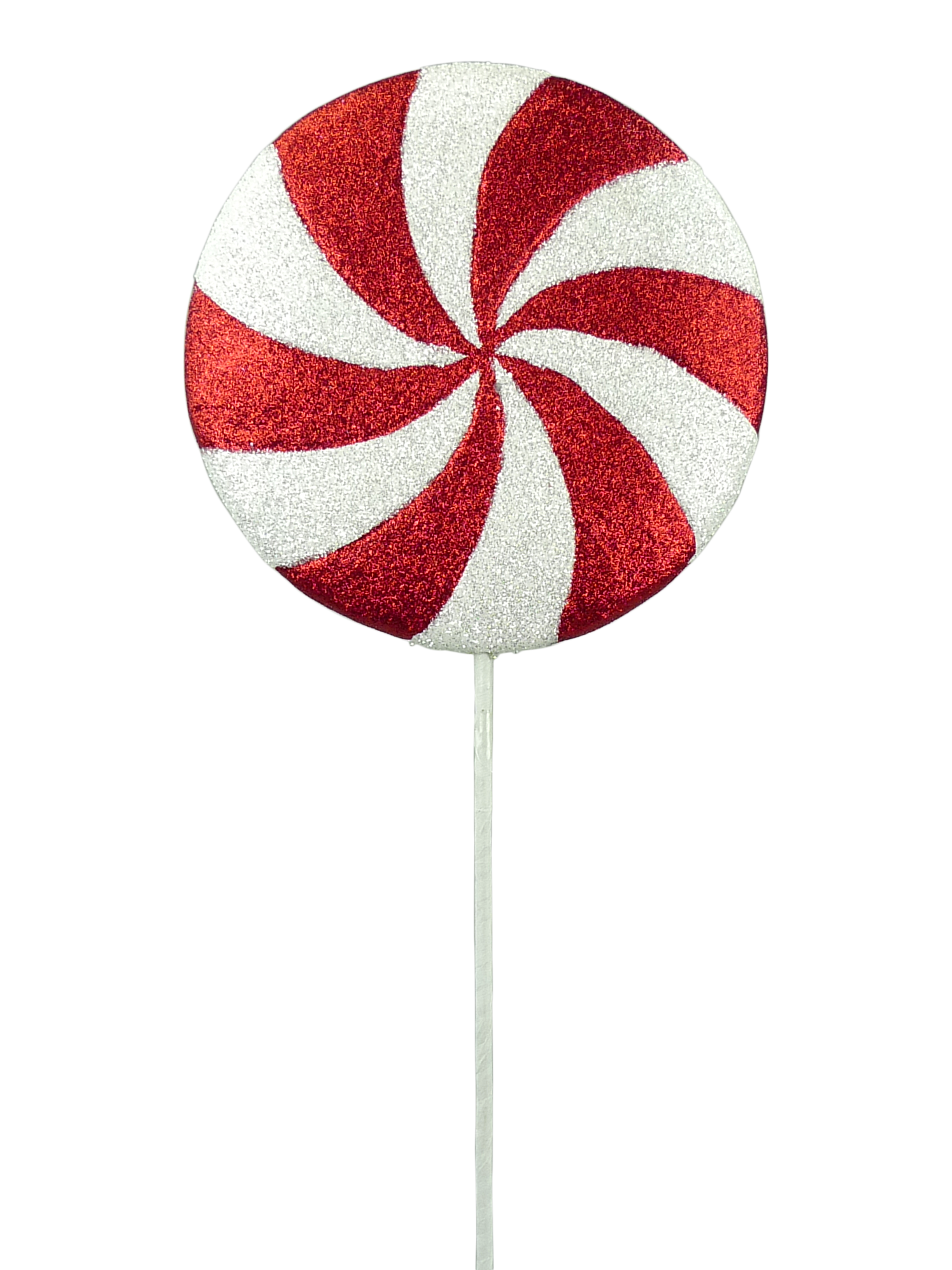 a large, red and white candy-like object with a spiral pattern on it.