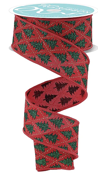 A red and green Christmas tree-patterned ribbon is shown, with a white label on top.