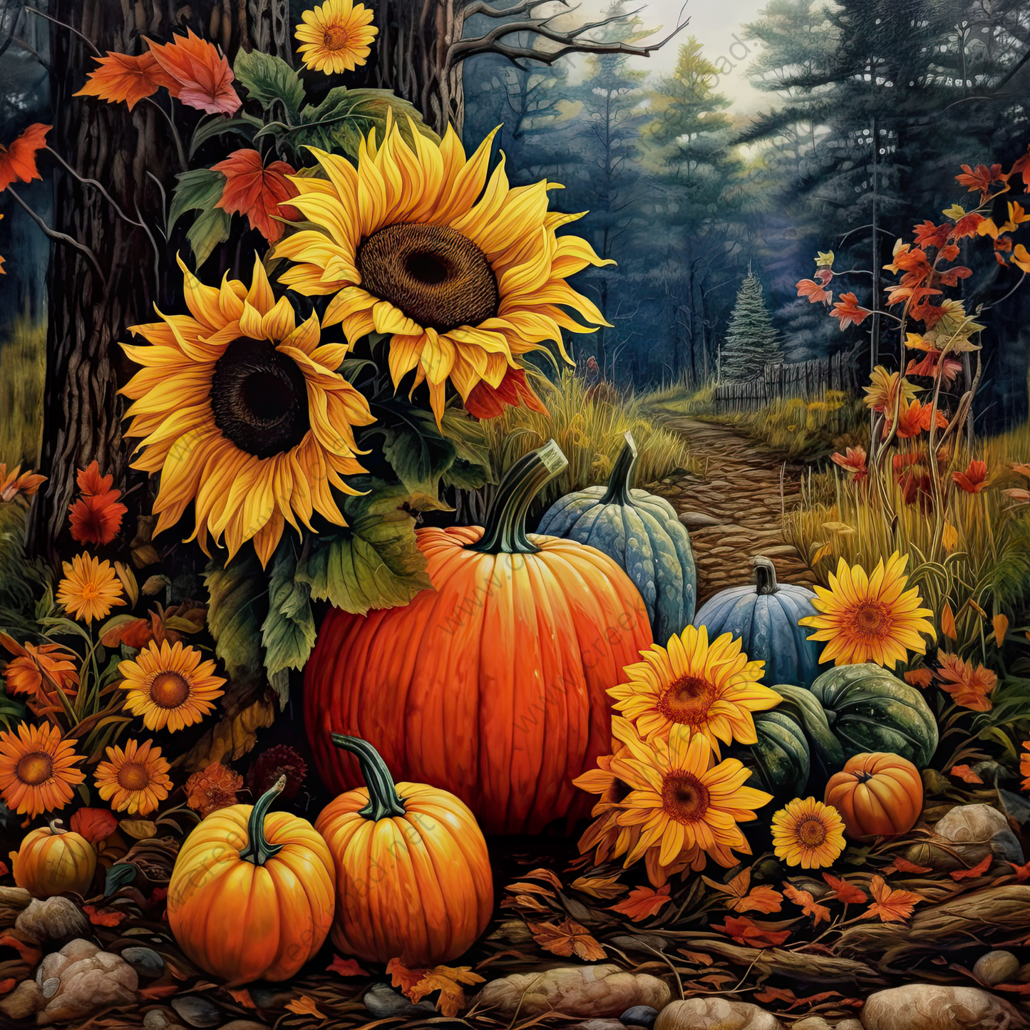 a painting of sunflowers and pumpkins in a forest