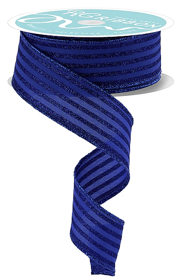 A roll of blue and black striped ribbon with a white label.