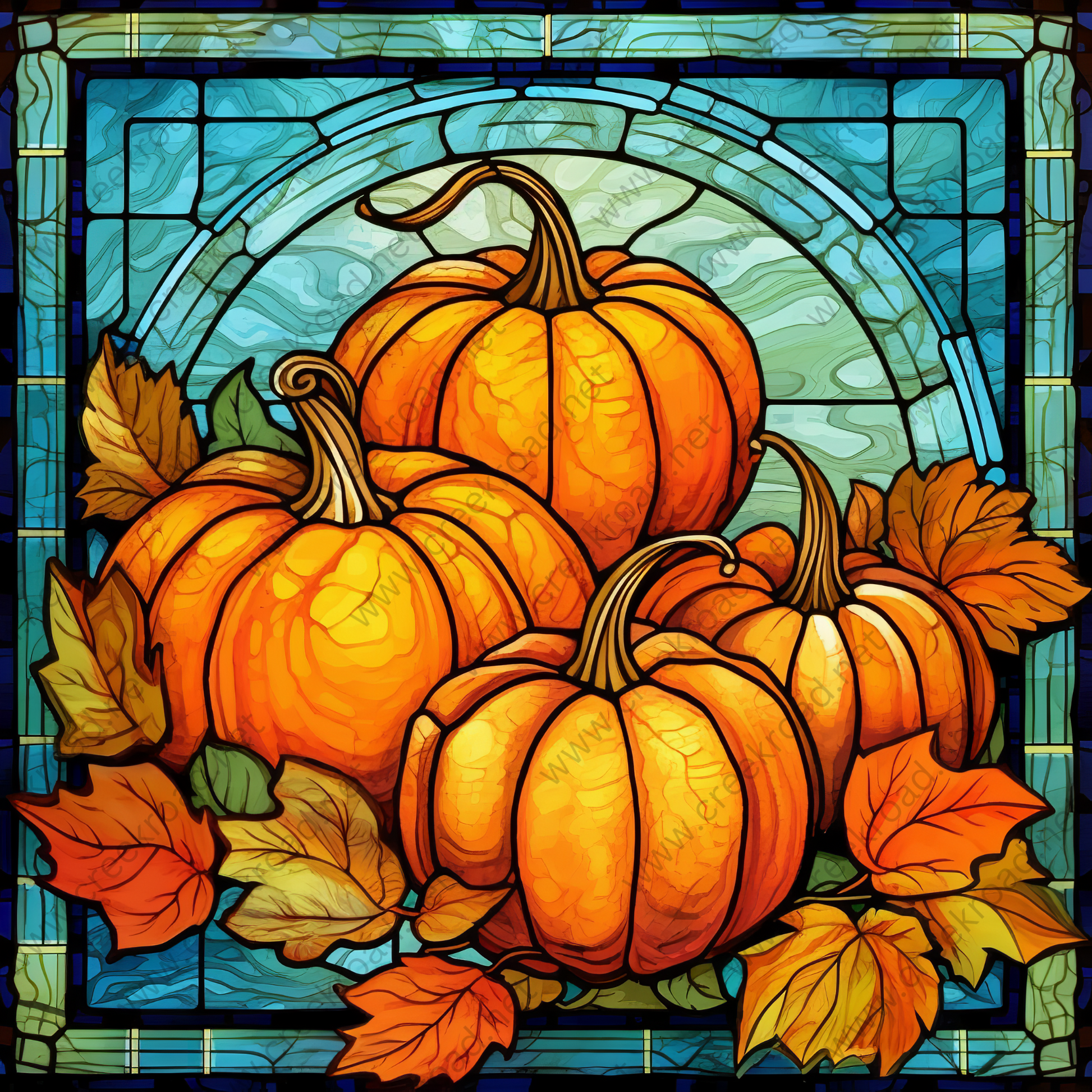 a stained glass window with a bunch of pumpkins