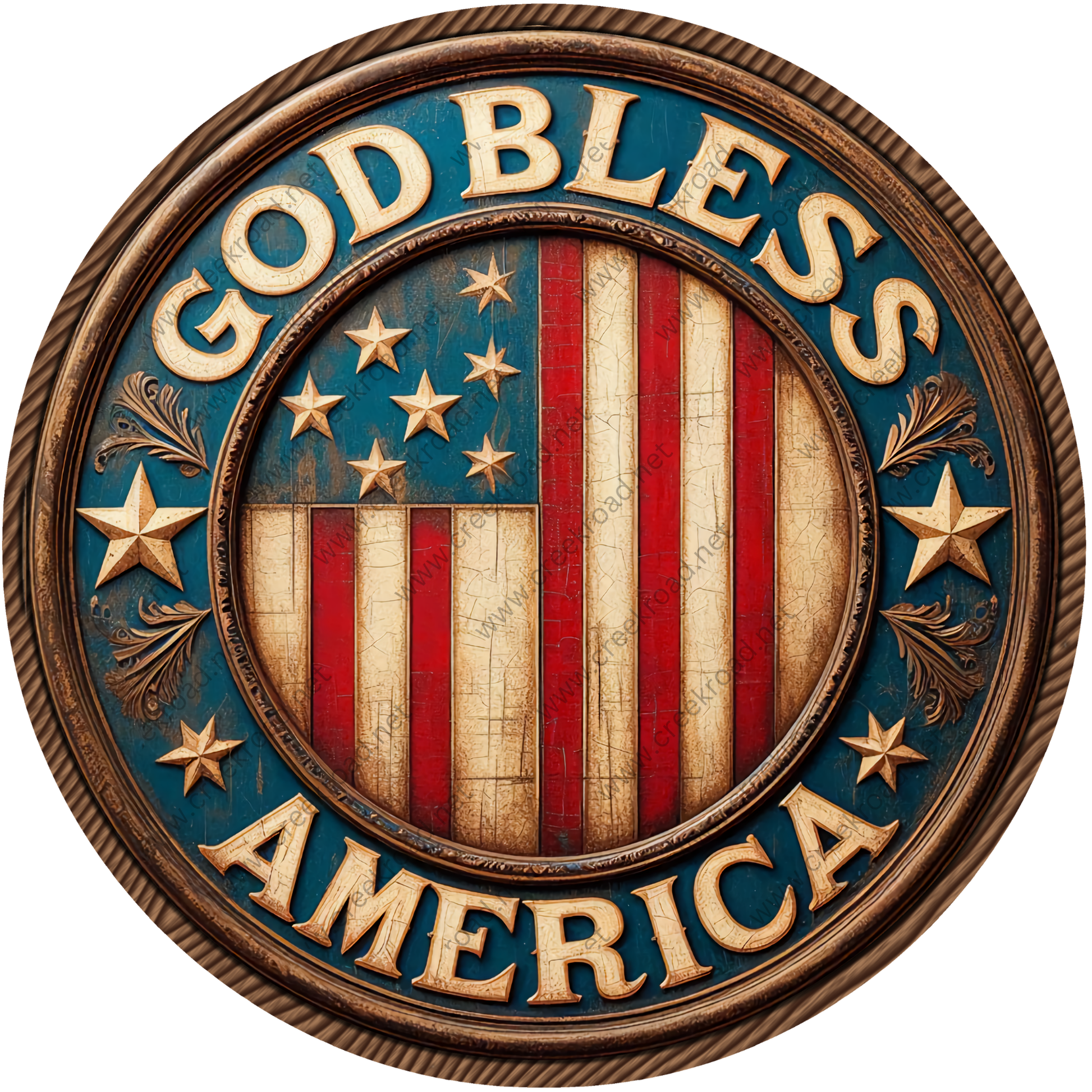 A circular sign with the words "God Bless America" and an American flag design.