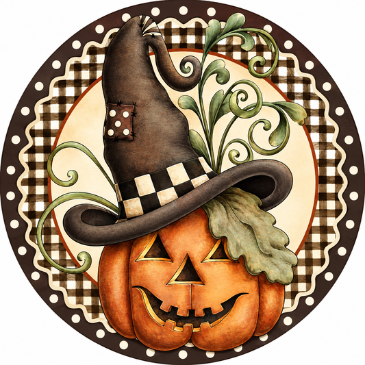 Scarecrow Halloween Pumpkin with Witches Hat on Beige Brown White Polka Dot Halloween Sign -Sublimation - Wreath Sign - Metal Sign