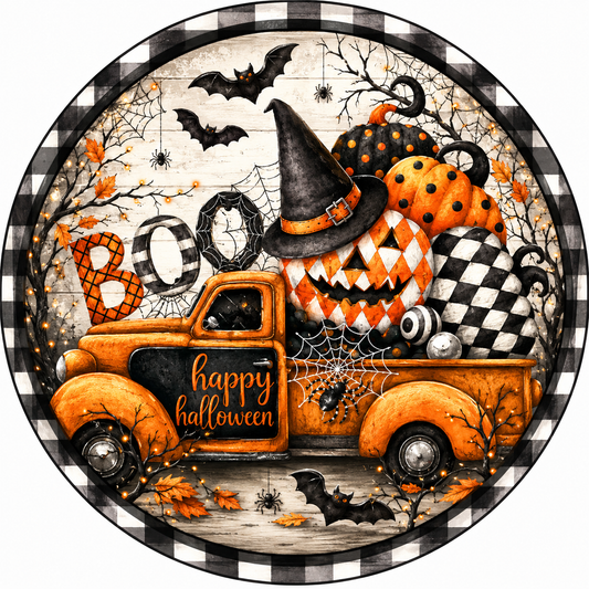 Happy Halloween Boo Truck Loaded with Pumpkins Bats Webs Spiders Black White Gingham Halloween Sign -Sublimation - Wreath Sign - Metal Sign