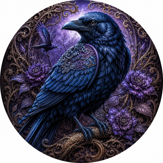 Beautiful Black Raven Purple Flowers Wreath Sign