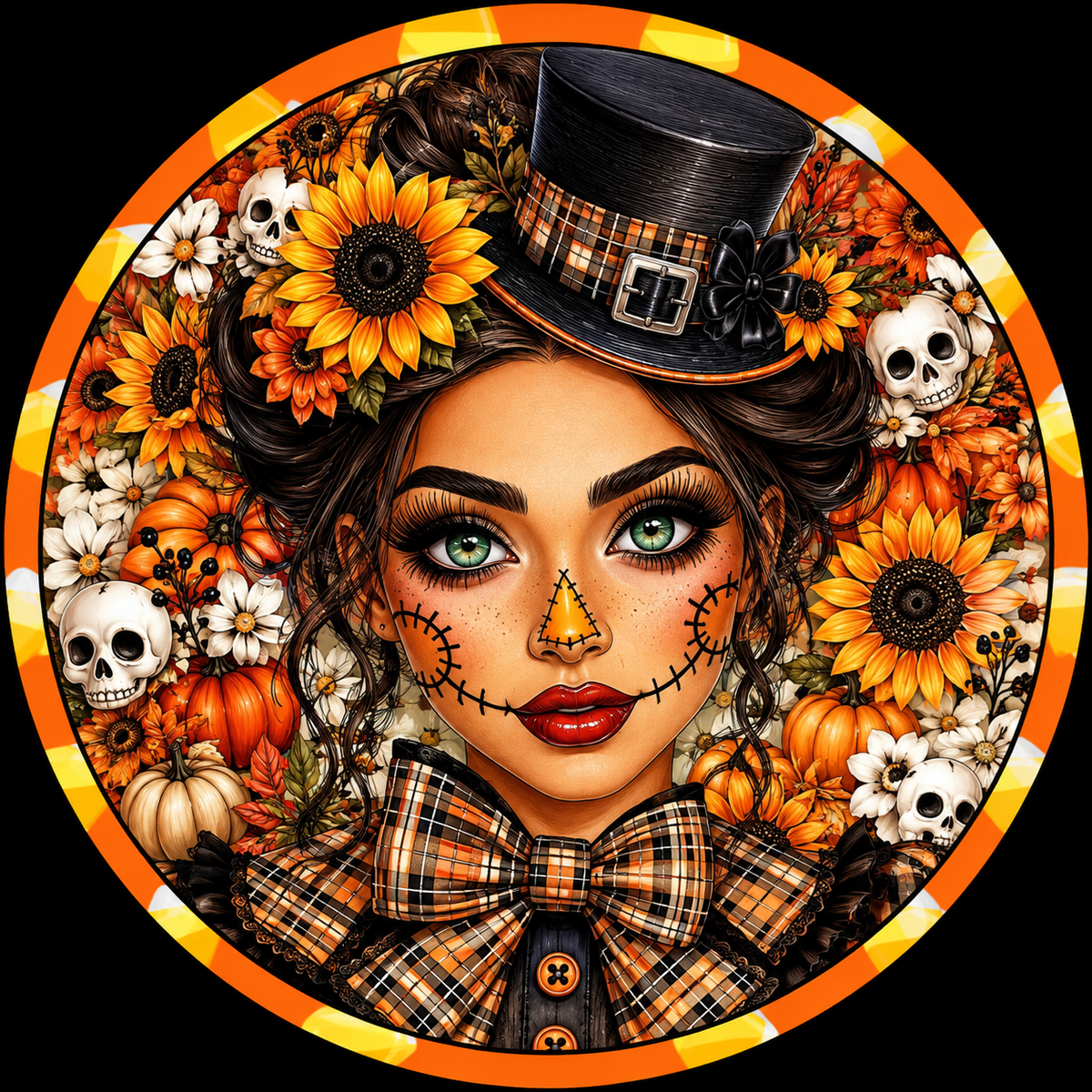 Beautiful Scarecrow Lady with Floral Hair in Bow Tie and High Hat Halloween Sign