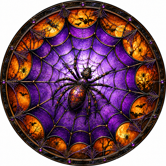 Halloween Spider in Web Orange Purple Black Wreath Sign-Halloween-Sublimation-Decor-Creek Road Designs