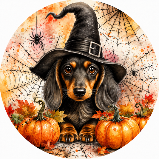 Dachshund in Witches Hat Pumpkins Spider Webs Wreath Sign-Halloween-Sublimation-Decor-Creek Road Designs