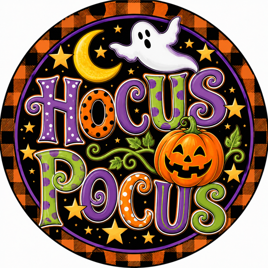 Hocus Pocus Jack-o-lantern Ghost on Orange Black Checkered Border Wreath Sign