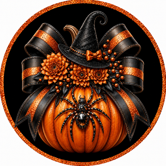 Jeweled Witch Pumpkin with Spider Orange Glittered Border Halloween Sublimated Wreath Sign