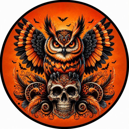 Colorful Halloween Owl Sitting On Skull with Orange Colored Background Sublimated Wreath Sign