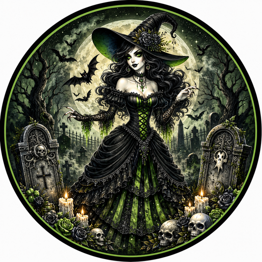 Beautiful Halloween Witch Lime Green Black Dress in Graveyard Bats Skulls Sublimated Wreath Sign