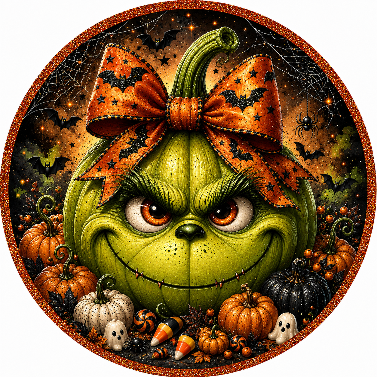 Green Monster Pumpkin Wreath Sign with Bats - Spooky Halloween Decor