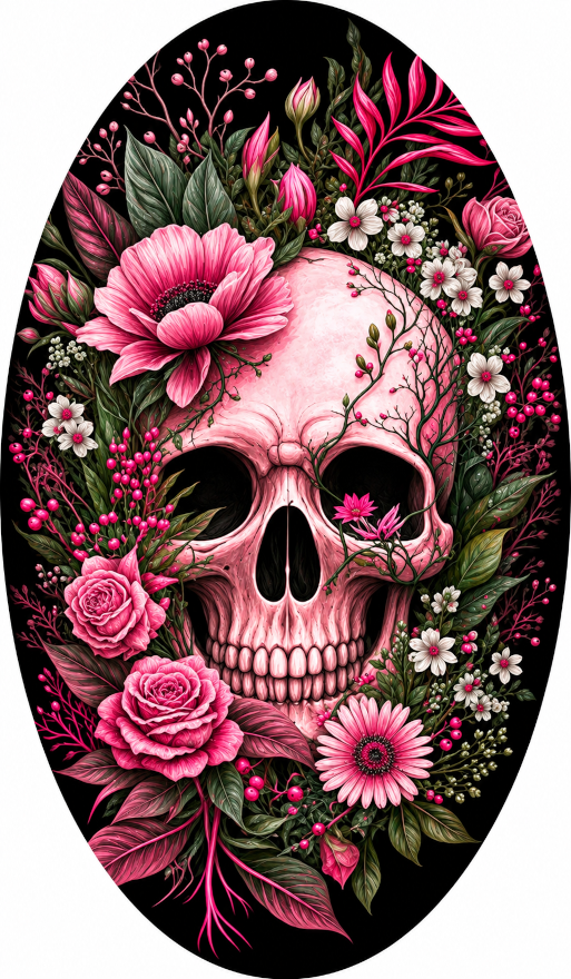 Pink Humsn Skull in Flowers Background Wreath Sign-7"x12" Oval Halloween