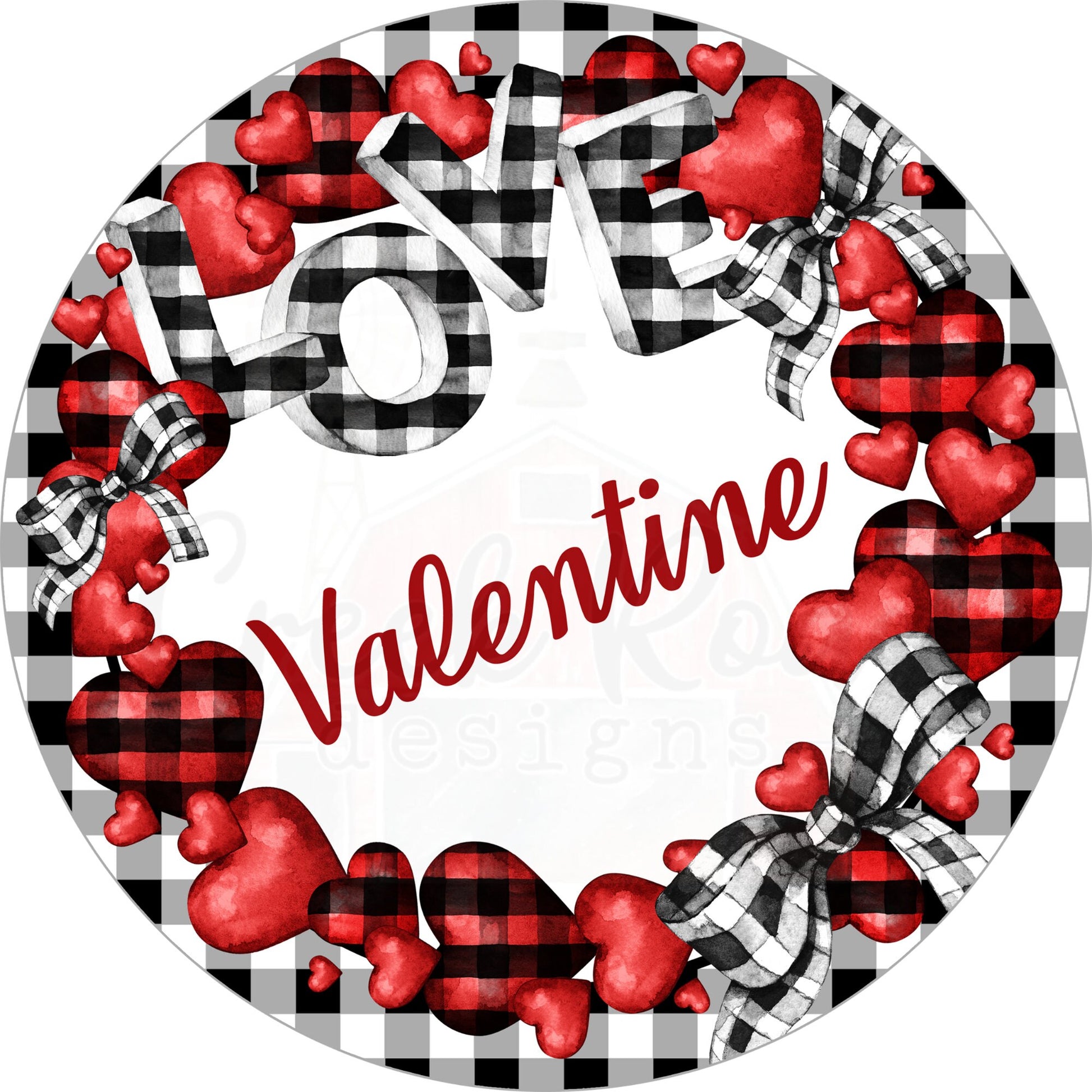 Valentine Love Black White Check Heart Valentine Wreath Sign-Decor