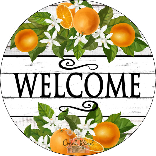 Welcome Orange White Flower on Shiplap Wreath Sign - Sublimation - Spring - Shiplap- Metal Sign