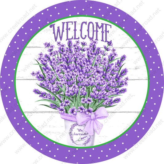 Welcome Lavender Flowers in Flower Pot with Bow Wreath Sign - Sublimation - Spring - Metal Sign