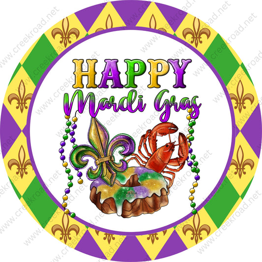 Happy Mardi Gras King Cake Crawfish Fleur De Lis Beads - Mardi Gras Sign - Louisiana- New Orleans - Purple, Green, and Gold- Metal Sign