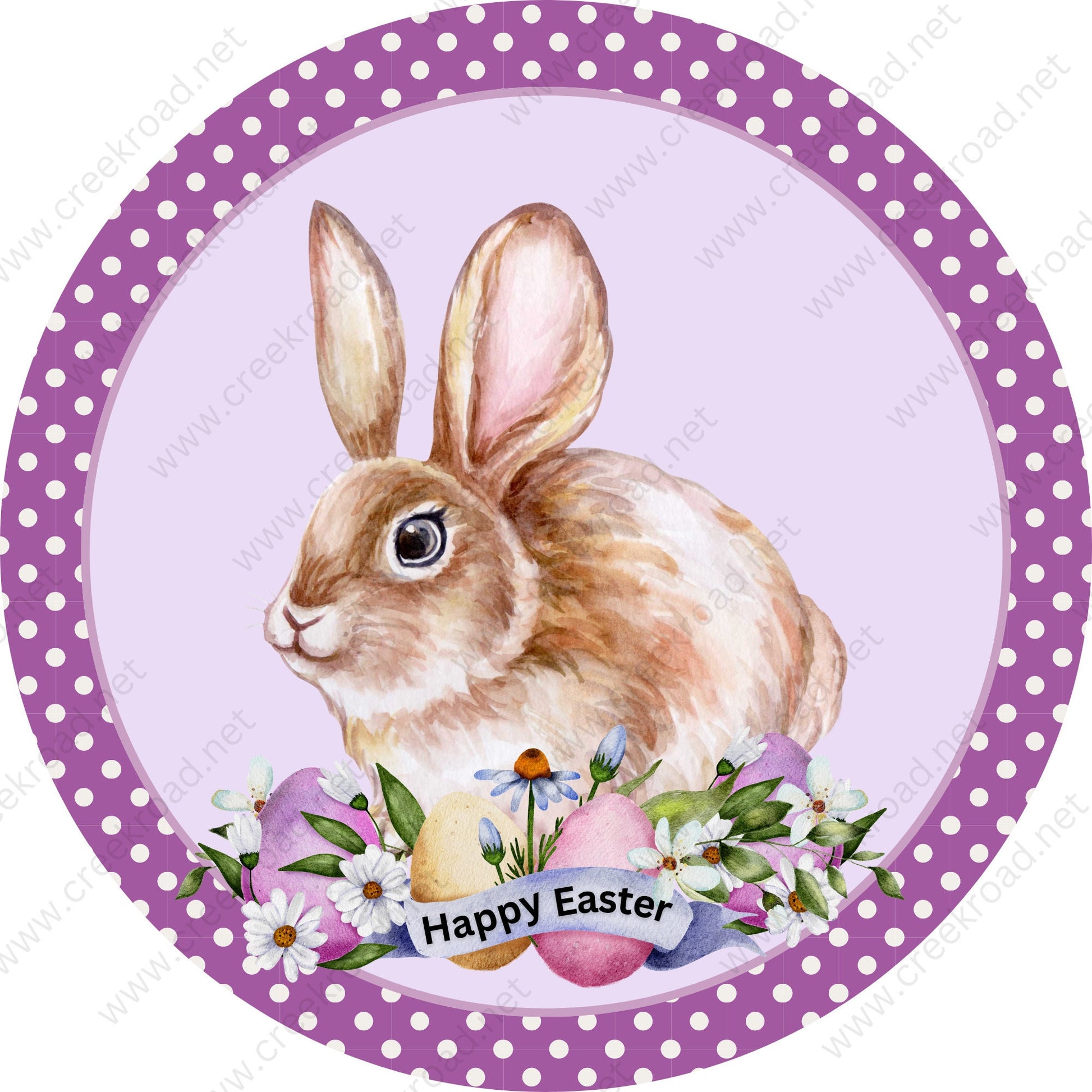 Happy Easter Bunny Eggs in Florals Purple Polka Dot Border Lavender Background Wreath Sign - Sublimation - Easter- Metal - Sign