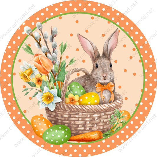 Easter Bunny Basket of Eggs Florals Orange Polka Dot Border Wreath Sign - Sublimation - Easter- Metal - Sign