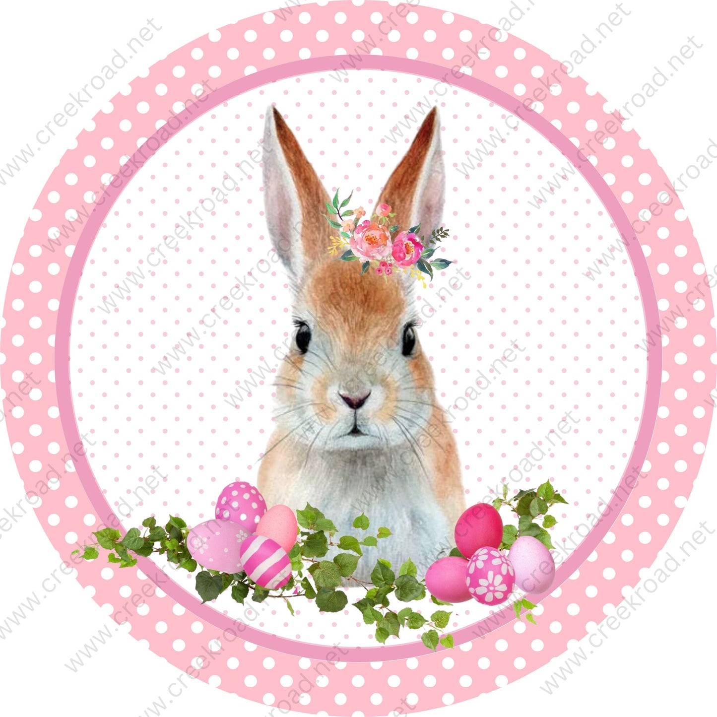 Easter Bunny Eggs White Polka Dot Border Pink Polka Dot Background Wreath Sign - Sublimation - Easter- Metal - Sign