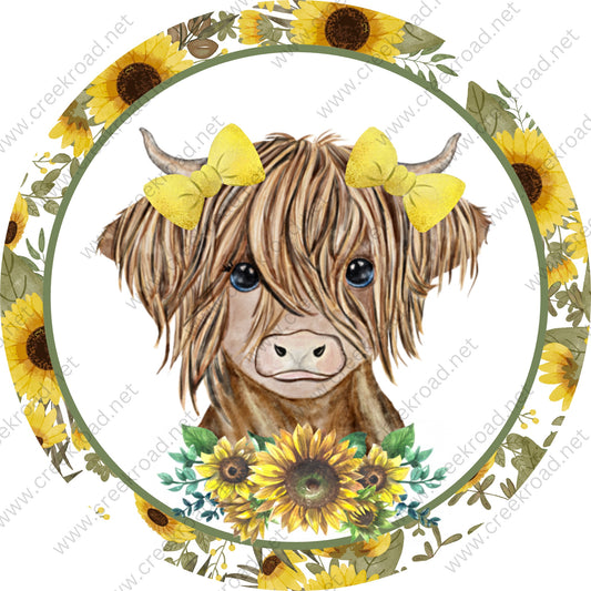 Highland Cow Spring Sunflowers Yellow Bows Wreath Sign - Sublimation - Spring - Metal Sign