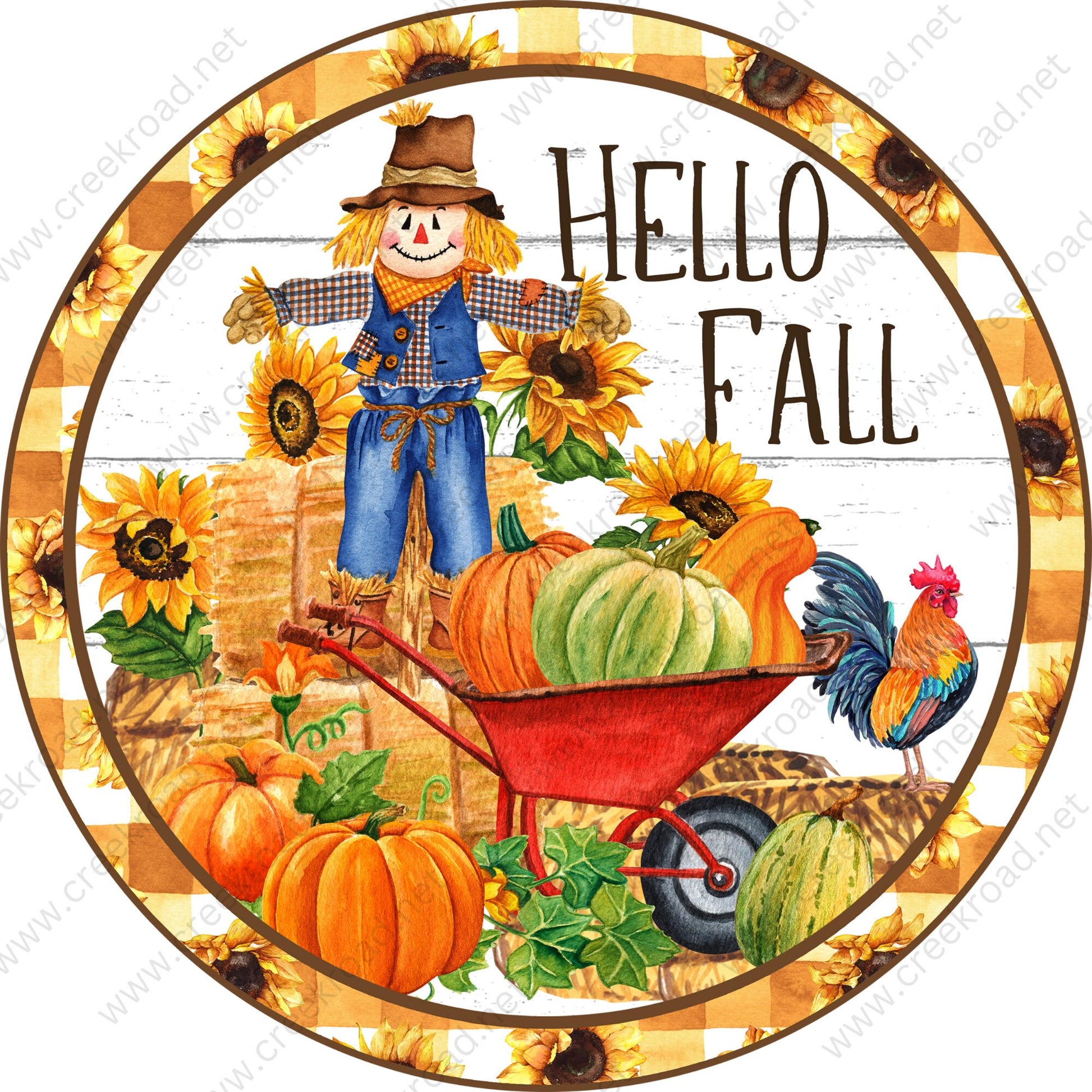 Hello Fall Scarecrow in Pumpkin Patch Sunflower Border Wreath Sign - Autumn Fall- Wreath Sign - Sublimation Sign - Wreath Attachment