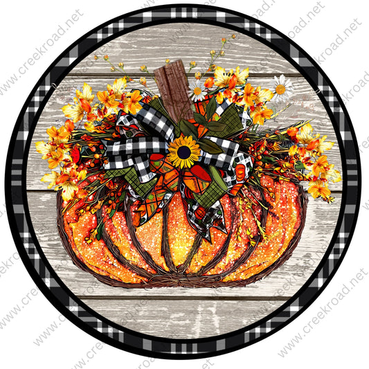 Crafted Pumpkin with Florals Black White Checkered Border Wreath Sign - Autumn Fall- Wreath Sign - Sublimation Sign - Wreath Attachment