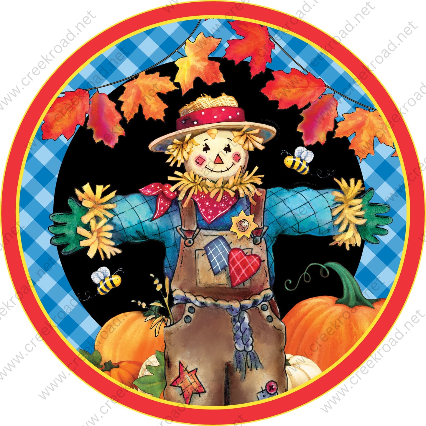 Harvest Scarecrow in Pumpkin Patch Orange Yellow Border Wreath Sign - Autumn Fall- Wreath Sign - Sublimation Sign - Wreath Attachment